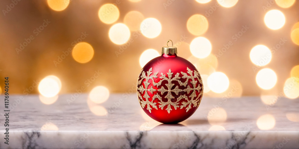 Red Christmas Ornament with Gold Design on Marble Surface Red Christmas Ornament with Gold Design on Marble Surface