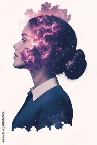 A serene profile of a woman blended with vibrant cosmic elements, symbolizing creativity and the vastness of imagination. photo