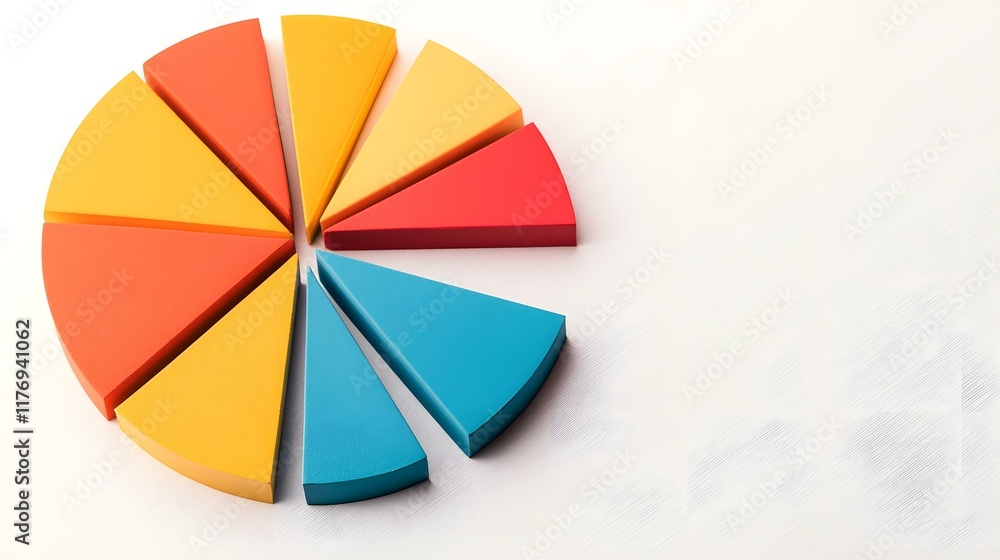 Obraz premium A three-dimensional pie chart is depicted, segmented into eight triangular sections in varying shades of orange, yellow, and blue, against a white background.