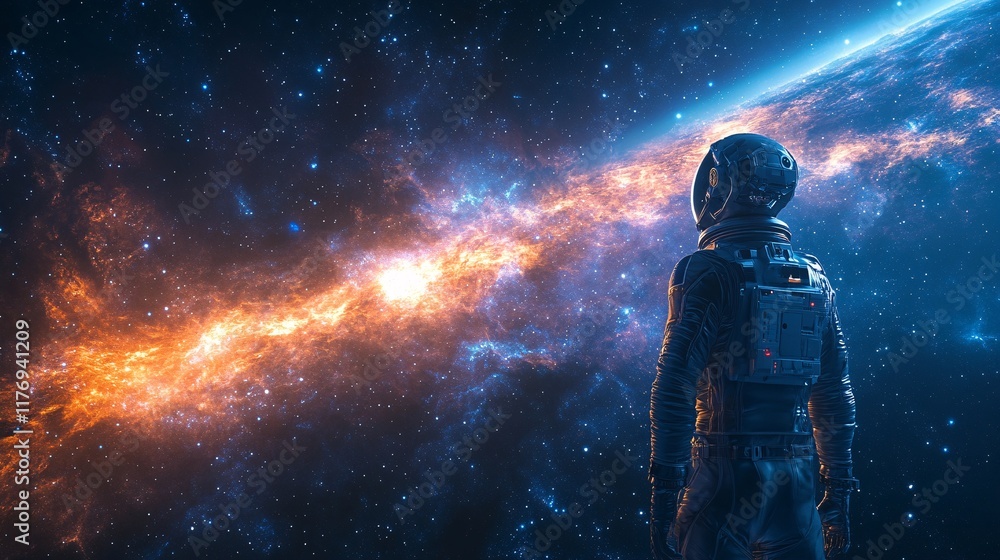 Astronaut gazes at vibrant cosmic nebula during space exploration journey Astronaut gazes at vibrant cosmic nebula during space exploration journey
