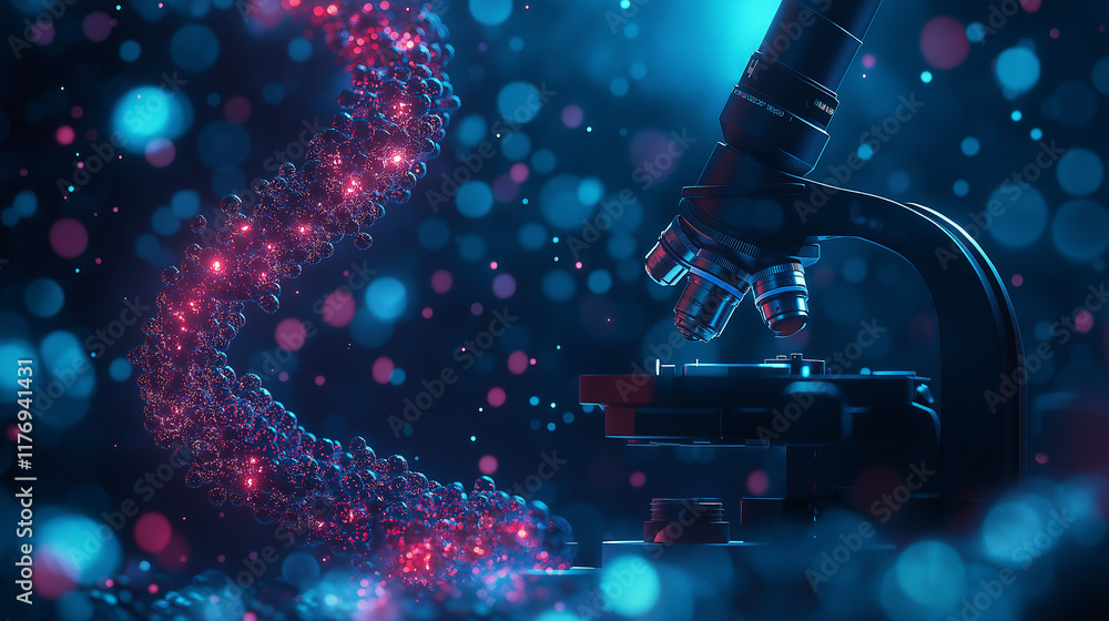 Microscope close-up on the background of DNA helix and formulas Microscope close-up on the background of DNA helix and formulas