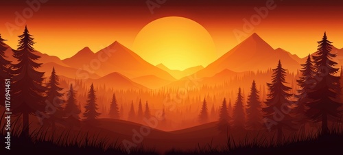 Sunset mountain vista with detailed pine silhouettes ideal for wilderness photography backdrops eco-focused storytelling or scenic art themes photo