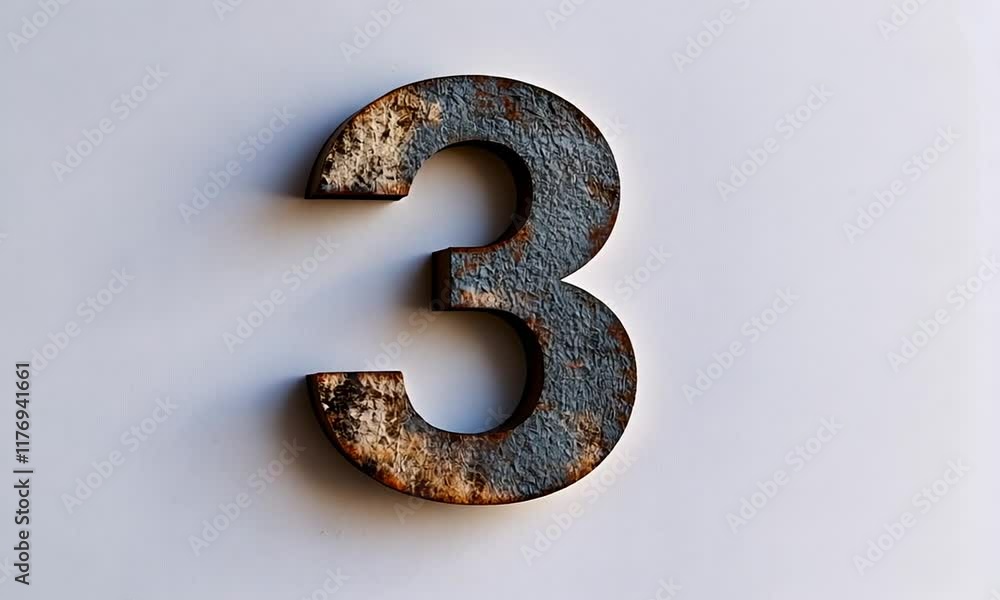 A rusty metal number three on a light background, emphasizing texture and design. A rusty metal number three on a light background, emphasizing texture and design.