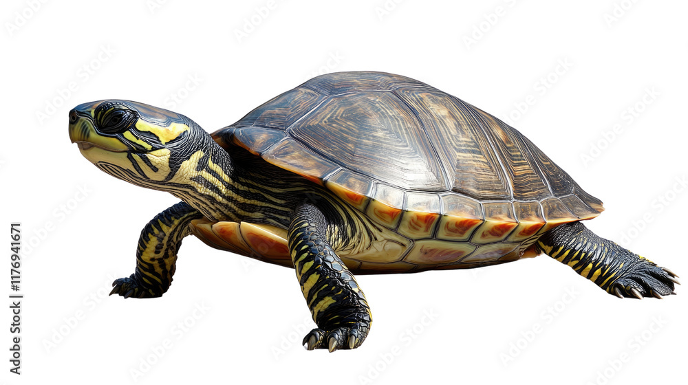 Obraz premium Strikingly Beautiful Turtle: A detailed close-up of a vibrant painted turtle, showcasing its intricate shell patterns and captivating gaze. Perfect for nature documentaries or educational materials. 