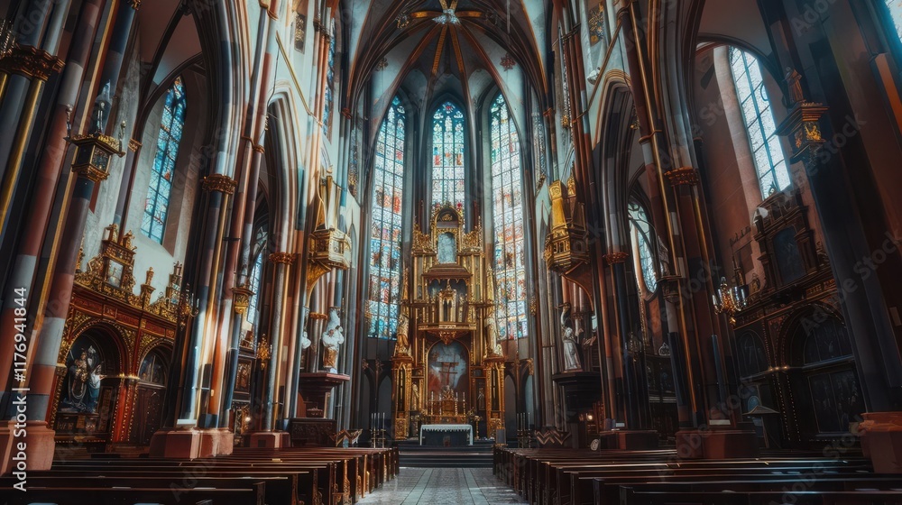 Obraz premium A grand interior of a cathedral featuring stained glass windows and ornate decorations.