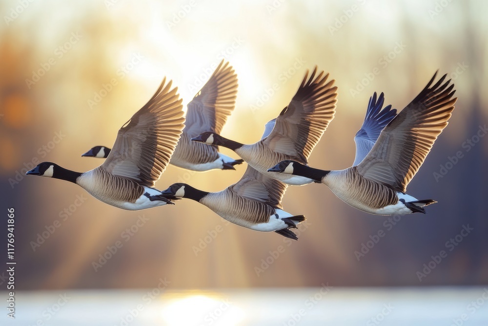 Fototapeta premium Flock of geese migrating in spring at sunrise over calm water