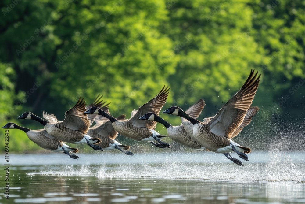 Fototapeta premium Flock of geese migrating high above a serene lake in springtime