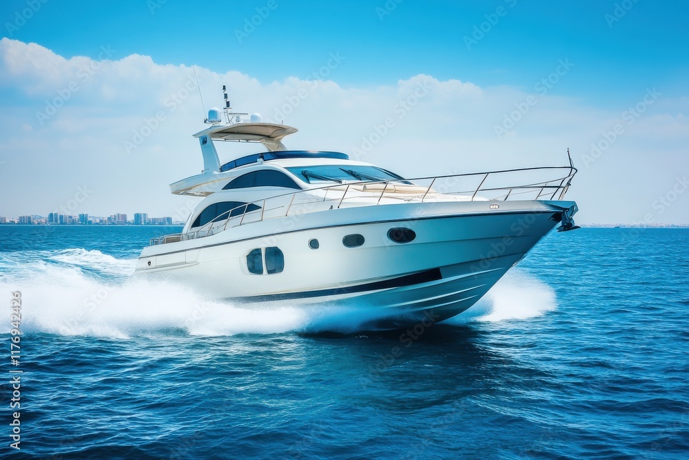 Dynamic Jetski in Motion Near a Luxury Yacht on a Bright Midday under Clear Blue Skies, Capturing the Essence of Summer Adventure and Leisure on the Water Dynamic Jetski in Motion Near a Luxury Yacht on a Bright Midday under Clear Blue Skies, Capturing the Essence of Summer Adventure and Leisure on the Water