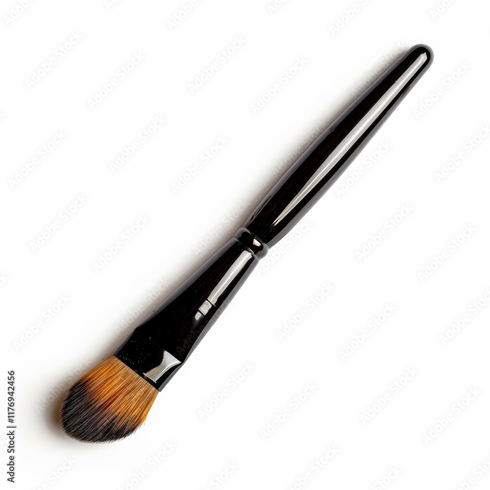 Clean makeup brush with black handle lying on a white background, essential tool for applying cosmetics Clean makeup brush with black handle lying on a white background, essential tool for applying cosmetics