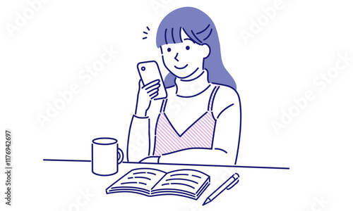 勉強の合間にスマホを利用する女性のシーン・シンプルでポップなベクターイラスト