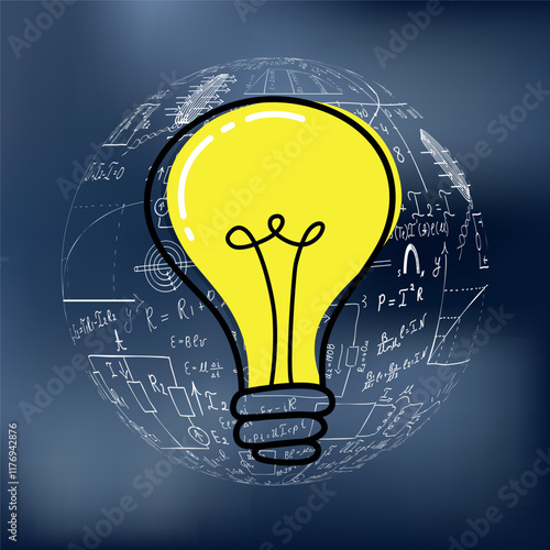 Mathematical equations and formulas around the light bulb on gray background - vector illustration. Science.