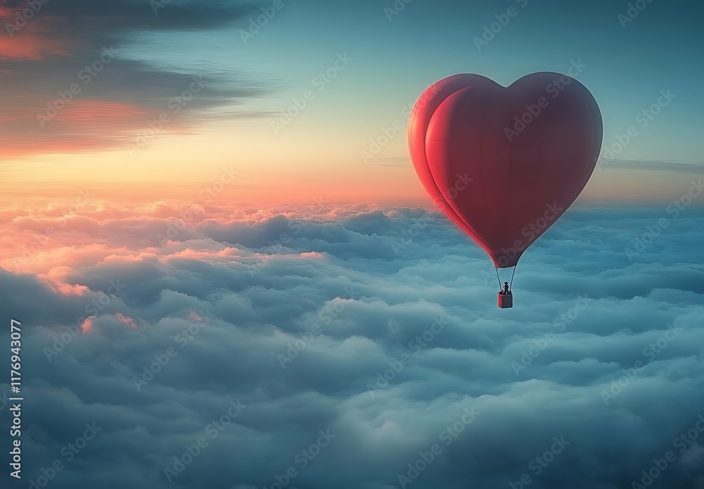 Obraz premium Happy Valentines Day with Red Heart-Shaped Air Balloon in the Sky