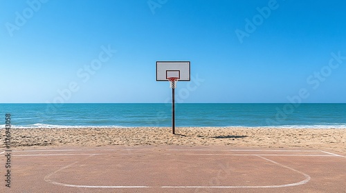 Basketball court located by the beach with ocean view under a clear blue sky