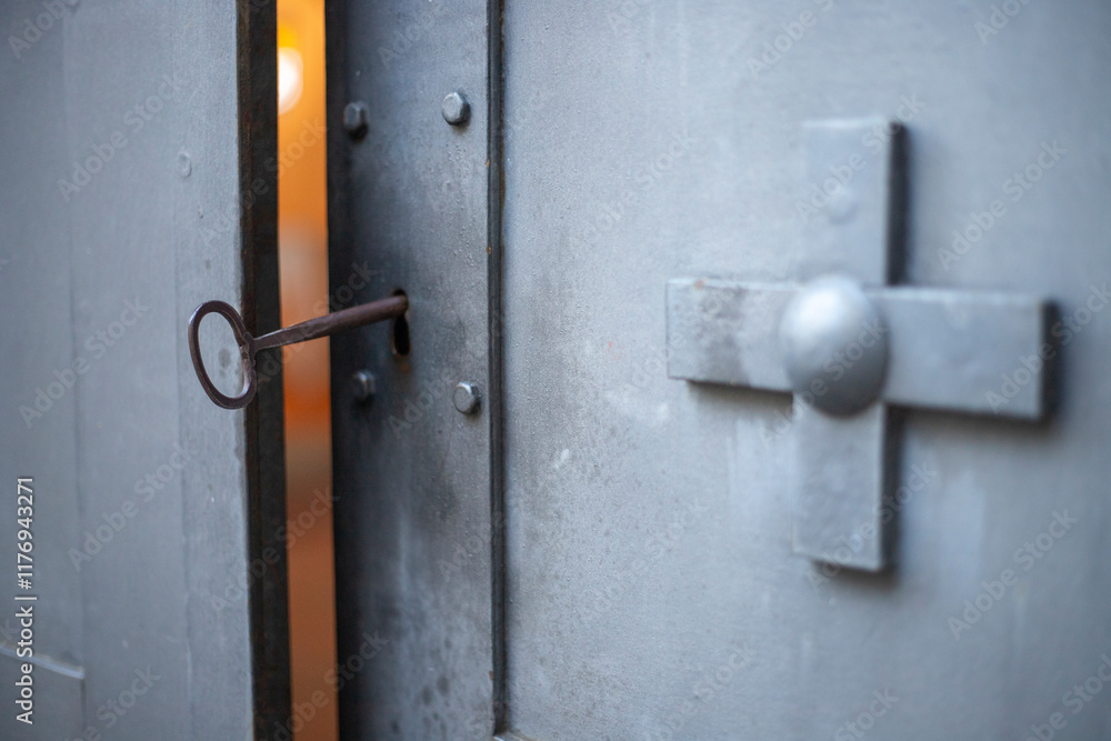 Gothic iron door ajar showcasing a timeless key and sacred cross symbol Gothic iron door ajar showcasing a timeless key and sacred cross symbol