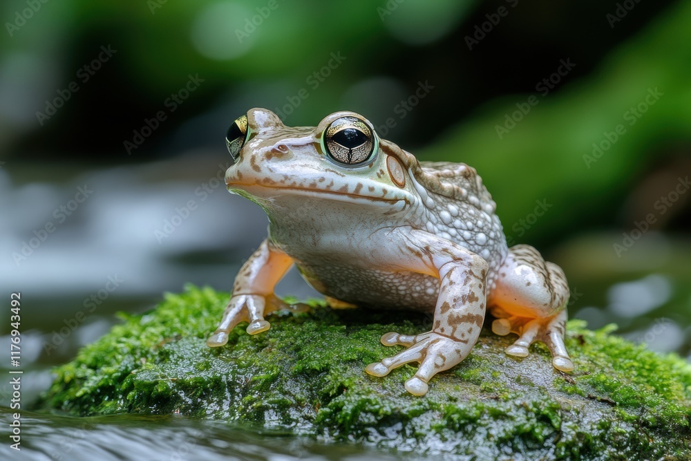 Frog sits on a mossy rock by a tranquil stream during spring in a lush forest Frog sits on a mossy rock by a tranquil stream during spring in a lush forest