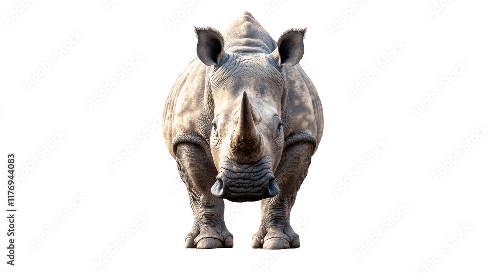 Fototapeta premium Rhino Portrait: A powerful and majestic white rhino stares directly at the camera, showcasing its imposing presence and intricate details. The rhino's horn, wrinkled skin.