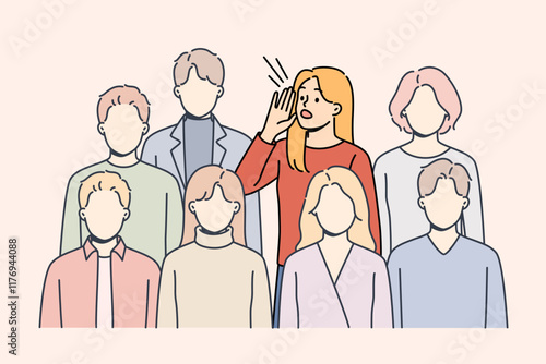 Woman calls for help standing among faceless crowd, feeling loneliness and stress due to lack of friends. Problem loneliness caused by social withdrawal and phobia associated with psychological trauma