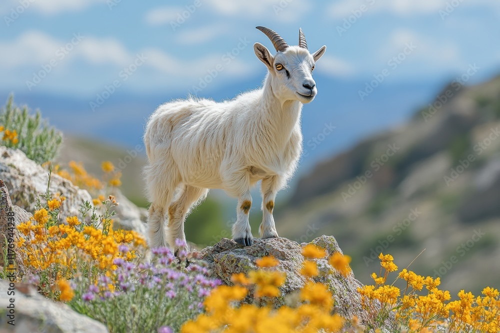 Goat gracefully scales rocky terrain surrounded by vibrant wildflowers during a sunny day Goat gracefully scales rocky terrain surrounded by vibrant wildflowers during a sunny day