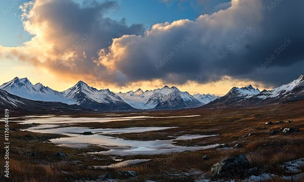 Majestic mountains and a serene lake under a dramatic sky at sunset. Majestic mountains and a serene lake under a dramatic sky at sunset.