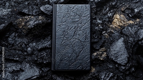 Journal placed on dark coal surface showcasing texture and contrast in natural materials