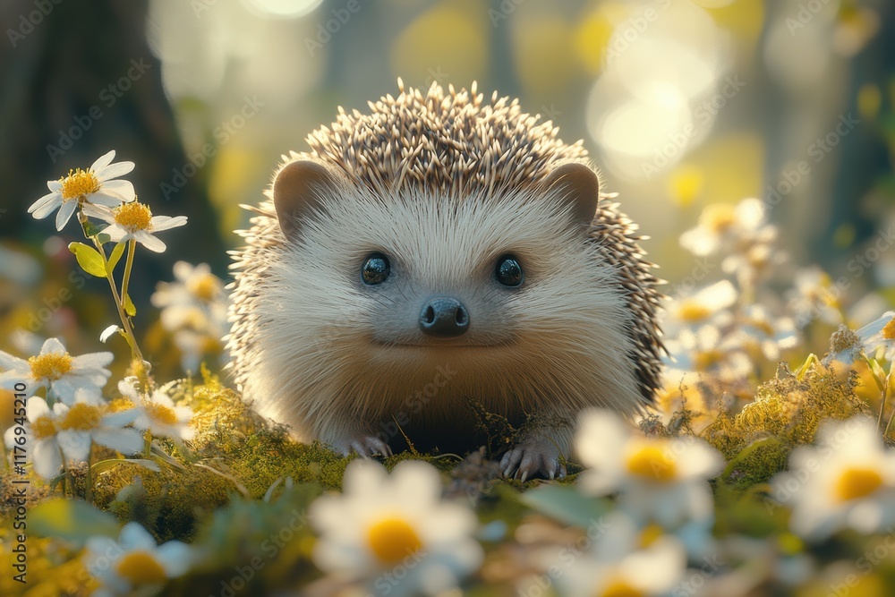Charming hedgehog surrounded by vibrant flowers during a serene spring morning Charming hedgehog surrounded by vibrant flowers during a serene spring morning