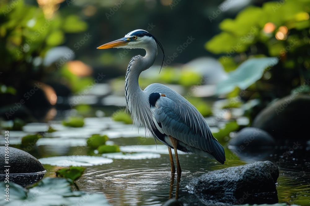 Naklejka premium Heron standing still in tranquil water surrounded by lush greenery during early morning