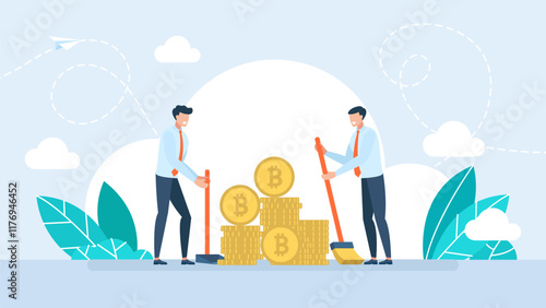 Depreciation crypto currency. High volatility of crypto assets leads to bankruptcy. Throw away bitcoin. Businessman sells cryptocurrency, price falls rapidly. Vector illustration