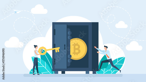 Cryptocurrency in safe. Private key to store cryptocurrency,  Bitcoin, security password or safety protection for crypto currency concept. Businessman investor holding private key. Vector illustration