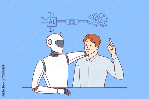Collaboration of AI and business man using modern technologies or innovations to improve work. Robot with AI hugs colleague proud of implementation of artificial intelligence in job process
