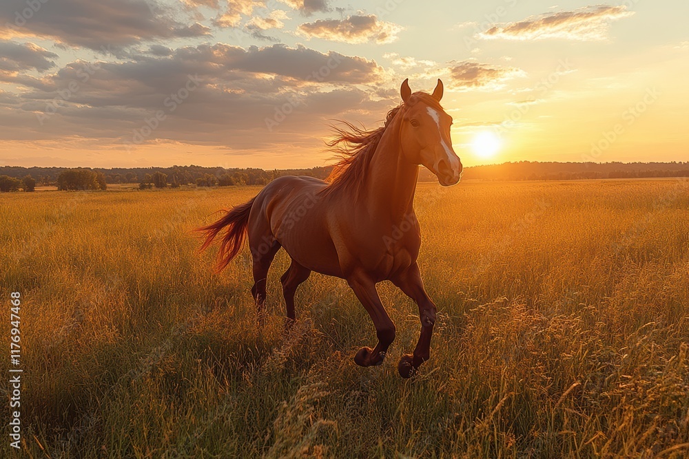 Galloping horse across a grassy field during sunset with vibrant colors in the sky Galloping horse across a grassy field during sunset with vibrant colors in the sky