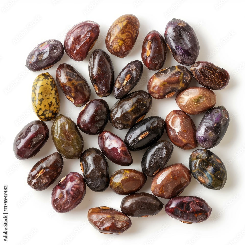 Close up of anasazi beans displaying a variety of colors and patterns, captured on a white background Close up of anasazi beans displaying a variety of colors and patterns, captured on a white background