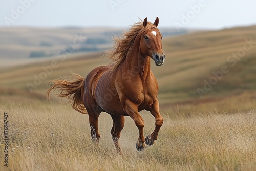 Galloping horse across grassy plains under a clear sky in the afternoon light photo