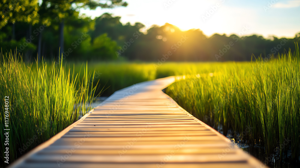 Fototapeta premium Serene wooden pathway winding through lush green grass under soft sunlight, inviting tranquility and connection with nature.