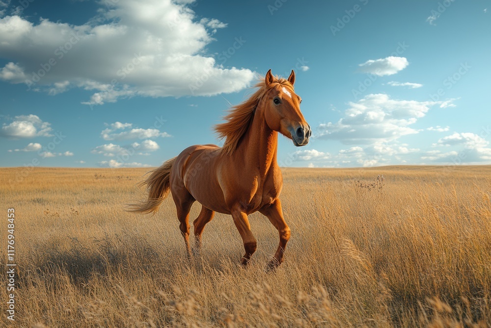 Obraz premium Horse galloping joyfully through a sunlit field against a clear blue sky