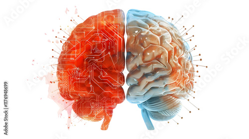 brain combined half merging with technology isolated on a transparent background