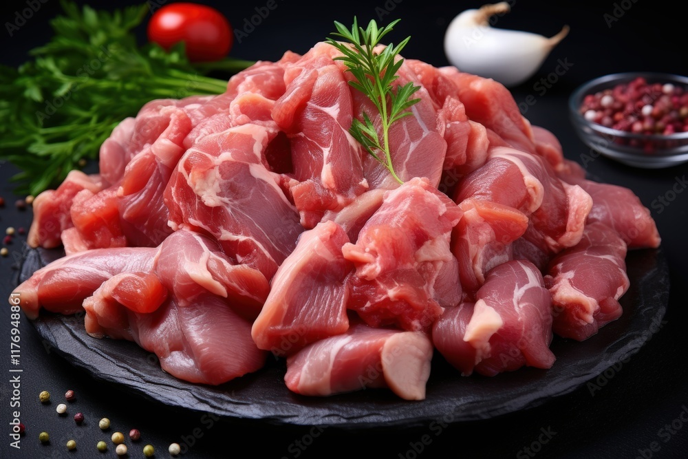 A Fresh and Realistic Portrait of Raw Pork Cuts on a Black Slate Platter with Green Herbs and Spices for Culinary Inspiration A Fresh and Realistic Portrait of Raw Pork Cuts on a Black Slate Platter with Green Herbs and Spices for Culinary Inspiration