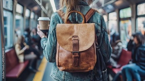 Commuter holding coffee and work bag subway train lifestyle image urban environment rear view daily routine photo