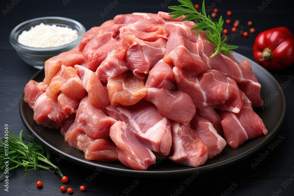 Fresh Raw Meat Cuts Arranged on Black Plate with Red Pepper and Rice Bowl in the Background for Culinary and Cooking Themes Fresh Raw Meat Cuts Arranged on Black Plate with Red Pepper and Rice Bowl in the Background for Culinary and Cooking Themes