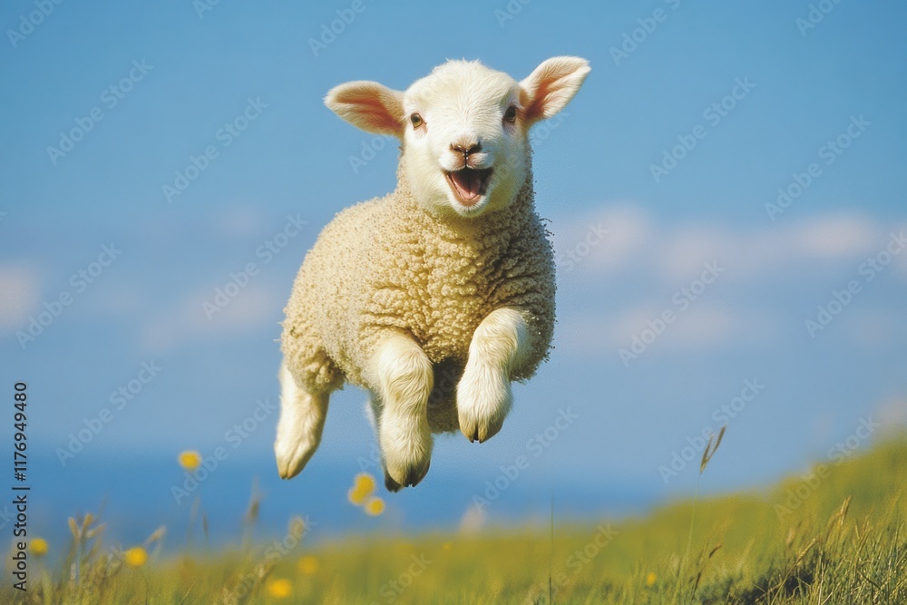 Joyful lamb celebrating spring by frolicking under the bright sunny sky in the meadow Joyful lamb celebrating spring by frolicking under the bright sunny sky in the meadow