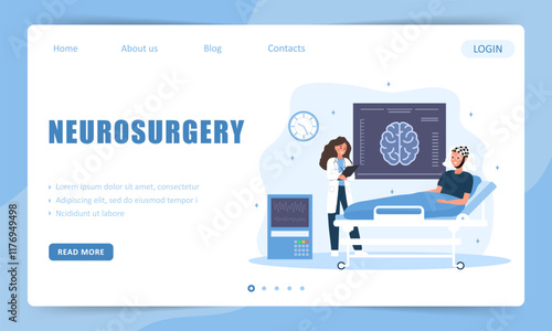 Neurosurgery concept. Landing page template. Female doctor examines results of MRI or EEG. Research scientist. Vector illustration in flat cartoon style.