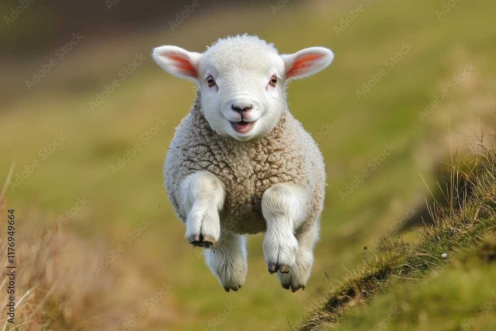 Lamb joyfully frolicking in a sunny field on a warm spring day Lamb joyfully frolicking in a sunny field on a warm spring day