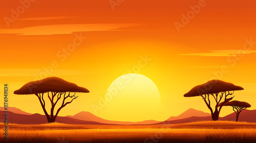 Stunning sunset over savanna with silhouette trees, creating a tranquil and serene atmosphere perfect for nature lovers.