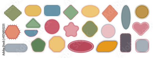 Fabric patches. Shapes fabric for embroidery recent vector templates with textile stitches