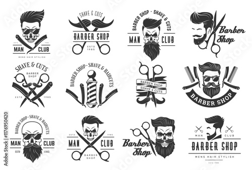 Barber shop. Decorative labels for barbershop hairdresser recent vector emblem with place for text