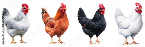 chicken breed illustrations in different colors, grey, brown, black and white, collection isolated on a transparent background