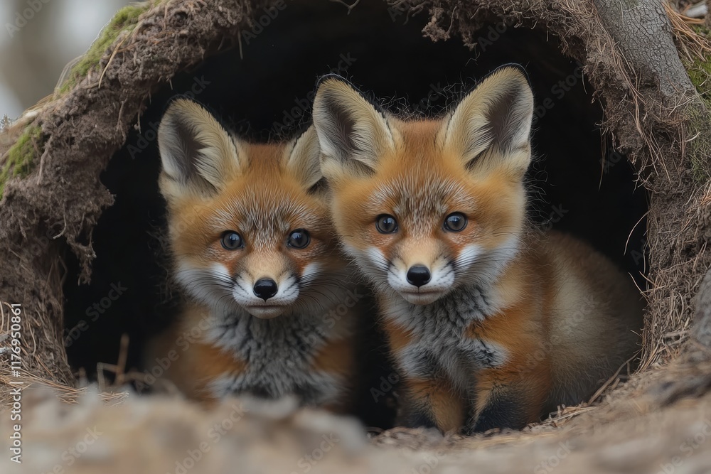Fototapeta premium Two playful fox kits enjoying their time together in a cozy burrow during spring