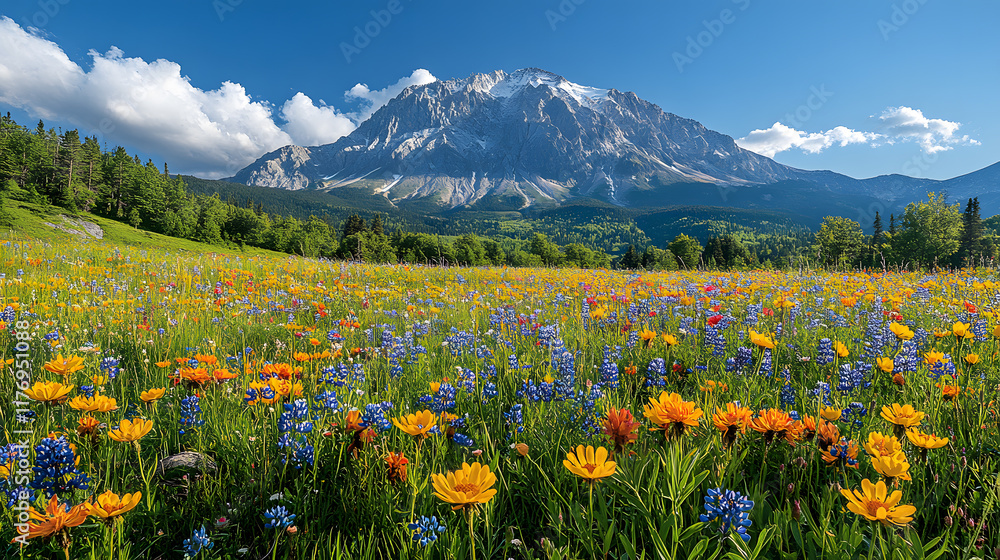 Fototapeta premium A detailed photography showcasing the lush greenery of summer surrounding Mount Yamnuska, with vibrant wildflowers in the foreground and the imposing peak towering above.