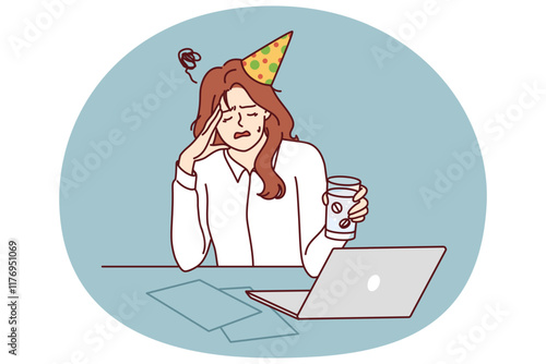 Woman office worker suffers from hangover after party and drinks pills to relieve headache. Girl in birthday hat and business clothes sits at table with laptop experiencing hangover in workplace