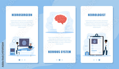Neurologist concept. Set of Templates for medical Online service. African Woman Doctor giving virtual medical consultation on Brain Diseases. Telemedicine. Vector illustration in flat cartoon style.
