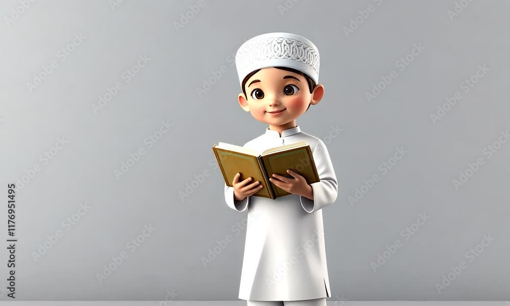 A child in traditional attire holds a book against a plain backdrop. A child in traditional attire holds a book against a plain backdrop.